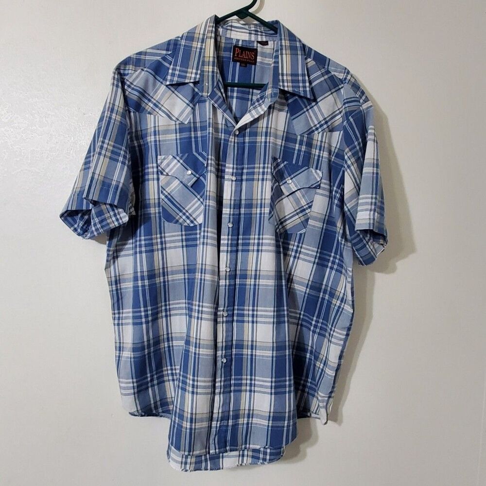Plains Western Wear Mens Sz XL Shirt Short Sleeve Pearl Snaps Blue Plaid